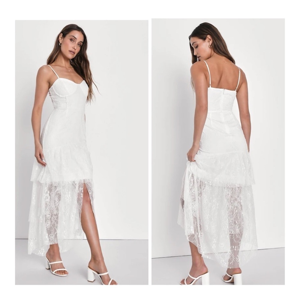 NEW Lulus Small Elaborate Love White Lace Bustier Tiered‎ High-Low Midi Dress